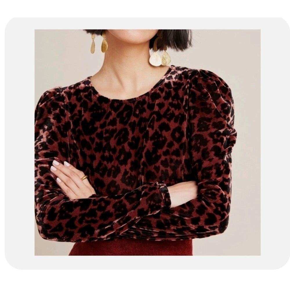 Dolan Anthropologie Charley Animal Print Velvet Top S Long Sleeve Black/Brown